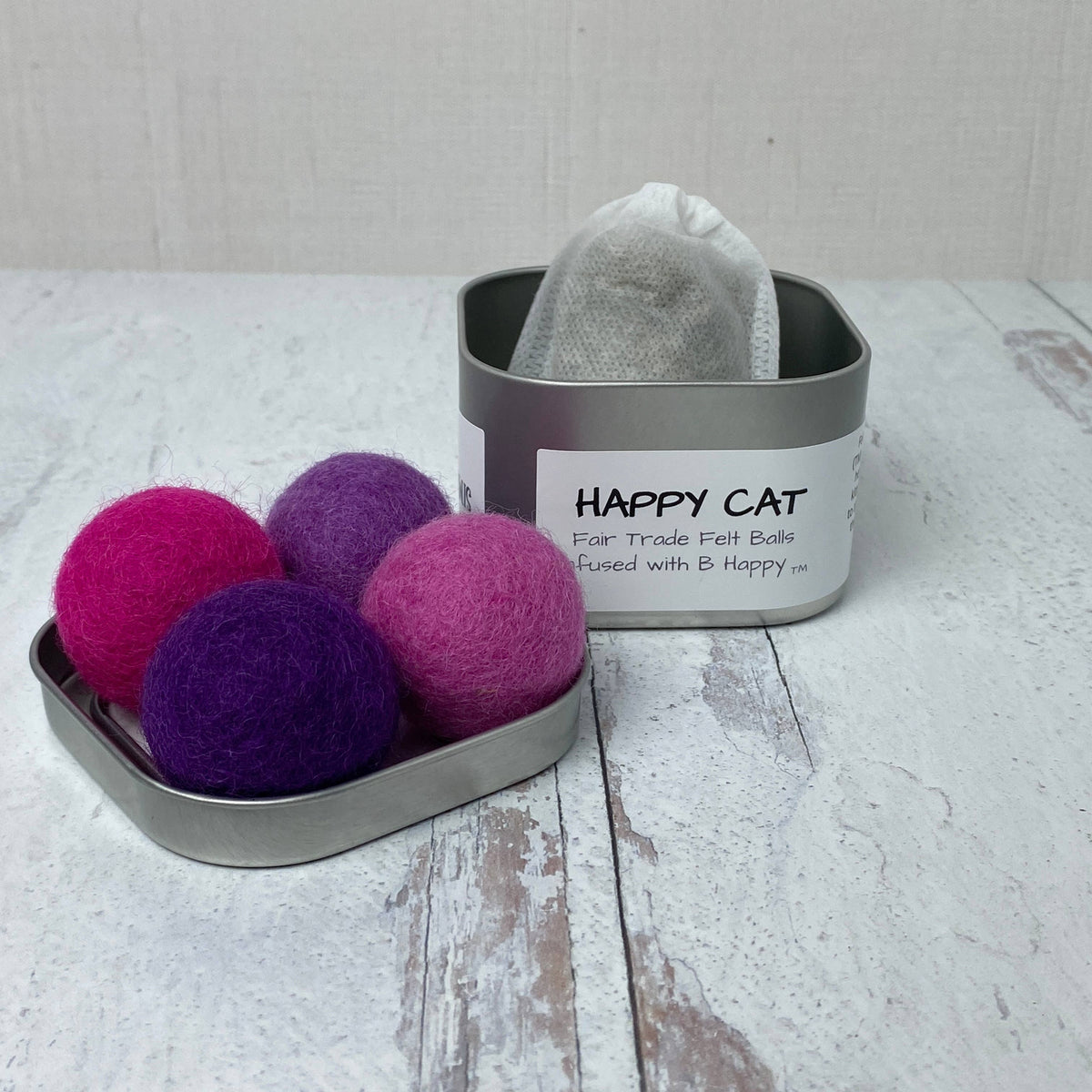 Catnip Infused Felted Balls Gift Tin Pink and Purple Balls